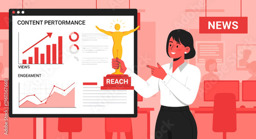 Businesswoman presenting content performance data and success metrics.