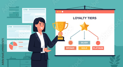 Businesswoman holding trophy presenting loyalty tiers diagram on screen.