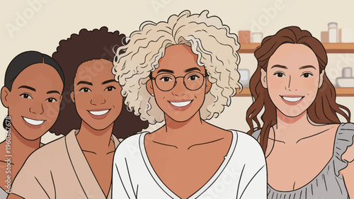 Group of four women smiling for a picture in a casual setting with soft colors and simple background