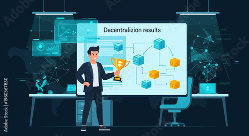 Man holding trophy in front of decentralization diagram.