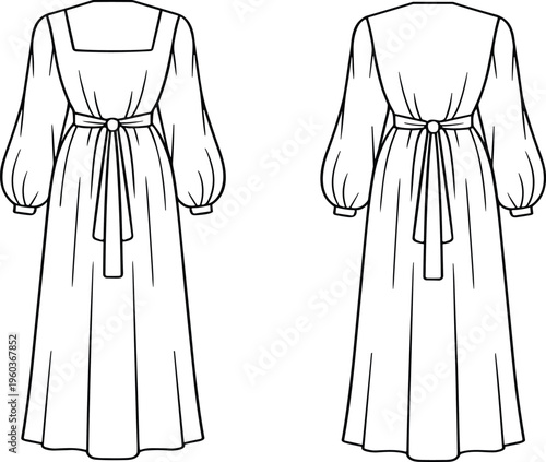 Women Long Sleeve Button Down Shirt Maxi Dress Technical Sketch, Front and Back View Fashion Flat Vector Drawing Illustration Template