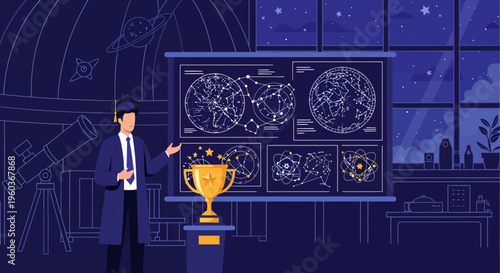 Man Presenting Astronomical Charts with Golden Trophy.