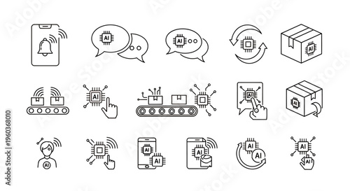 Set of industrial automation and manufacturing icons representing factory machinery, robotics, and production processes.