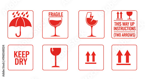 Assorted Red Safety and Handling Icons Set for Packaging and Shipping.