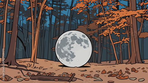 Full moon shines bright in a forest clearing with autumn leaves under a night sky