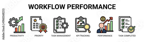 Workflow Performance web banner icon vector illustration concept with icons of productivity, priority, task management, KPI tracking, performance, and task completed.