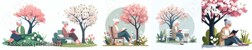 vector grandma sitting leaning against a tree reading a book in spring atmosphere