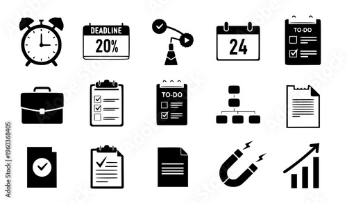 A set of black and white vector icons representing business and productivity concepts such as time management, organization, and deadlines on a white background