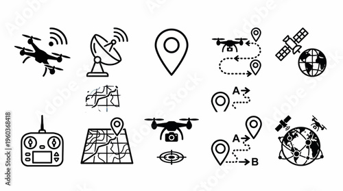 Drone navigation vector icons set with GPS, satellites, maps, controllers, geolocation, aerial mapping, and communication technology for remote sensing, GIS, and modern digital applications