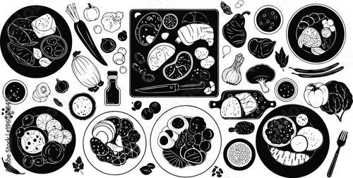 Black and white food plates and healthy ingredients set