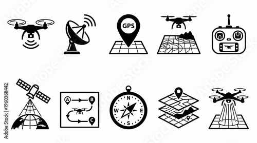 Drone navigation vector icons set with GPS, satellites, maps, controllers, geolocation, aerial mapping, and communication technology for remote sensing, GIS, and modern digital applications