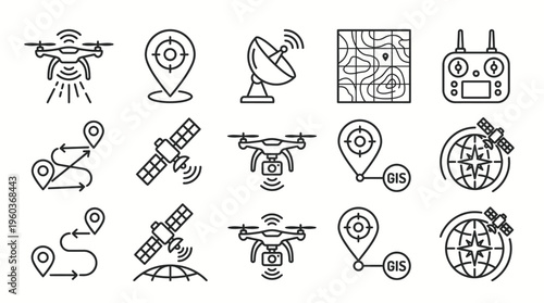 Drone navigation vector icons set with GPS, satellites, maps, controllers, geolocation, aerial mapping, and communication technology for remote sensing, GIS, and modern digital applications