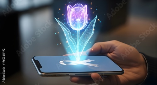 A hand holds a smartphone with a glowing purple flower emerging from the screen on Parkinson's Day in a modern office.