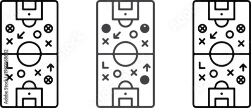 Soccer football tactics strategy diagram set featuring field layout with player positions arrows and movement for coaching and play planning.