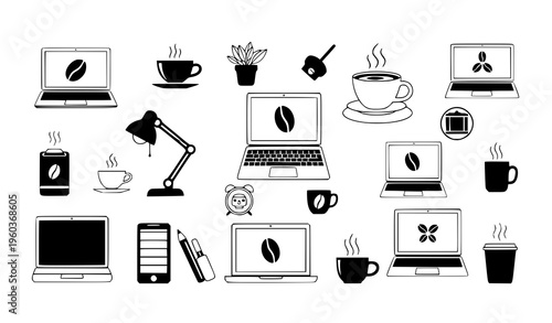 A collection of minimalist office and coffee icons in a flat vector graphic design including laptops computers cups and office supplies on a white background