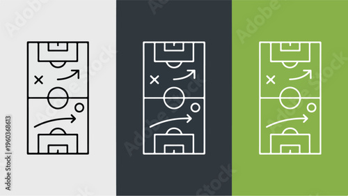 Soccer football tactics strategy diagram set featuring field layout with player positions arrows and movement for coaching and play planning.