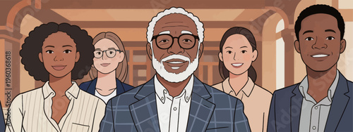 Group of diverse people smiling together in a building with warm colors during a professional gathering