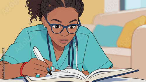 Nurse studying and taking notes in a bright room with a comfortable couch and colorful decorations