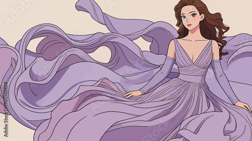 Fashion drawing shows woman in flowing purple dress with long fabric in motion and elegant pose
