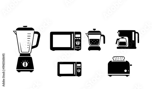 A set of kitchen appliances illustrated in a flat black silhouette style on a white background including a blender toaster microwave and coffee maker.