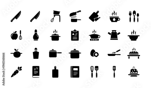 A collection of black kitchen icons and utensils on a white background in a flat minimalist design style