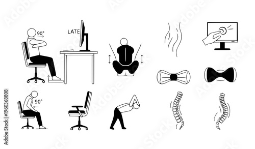 A vector graphic illustration depicting various office ergonomics and spine anatomy for educational or informative purposes