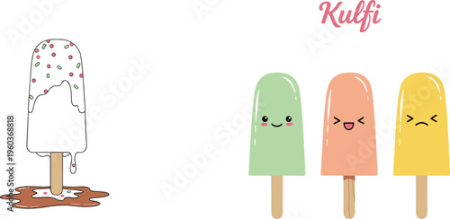 Cute kulfi ice cream popsicles with melting chocolate and smiling cartoon faces vector illustration set isolated on white background