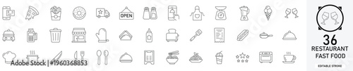 Restaurant fast food line icon set with 36 icons food, restaurant, burger, pizza, menu, drink, meal, service. Clean linear vector, editable stroke for catering and web projects.