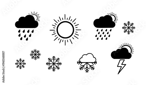 A set of flat black vector weather icons on a white background including rain clouds sun snowflakes and lightning