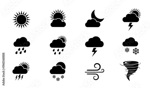 A set of black and white weather icons on a plain white background including sun cloud moon rain snow lightning and wind symbols in a flat minimalist design style