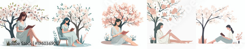 vector woman sitting leaning against a tree reading a book in spring atmosphere