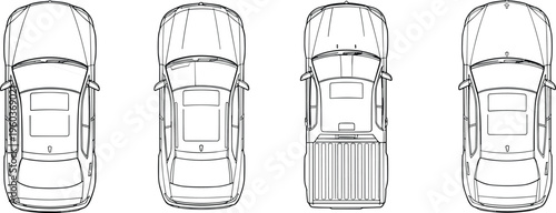 car top view outlines set, vehicle blueprint collection, sedan and pickup designs, transport icons, detailed automotive line vector illustration