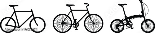 bicycle silhouettes set, road bike and folding bike collection, cycling transport icons, black bike shapes, urban mobility vector illustration