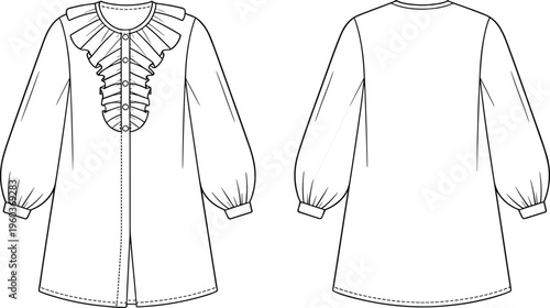 Women Long Sleeve Ruffled Front Blouse Vector Technical Drawing Illustration, Front and Back View Casual Apparel Fashion Design Mockup Template,