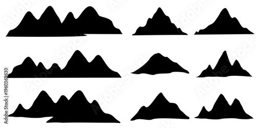 Various shapes of mountain silhouette image patterns to complement the background effect, isolated on a white background, vector