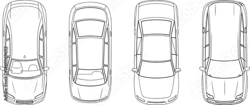 car top view outline set, vehicle blueprint style illustrations, transport design elements, automotive concept, detailed black white vector line drawing