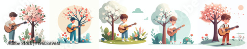 vector little boy standing playing guitar spring mood
