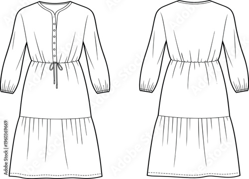 Women Long Sleeve Tiered Midi Dress Fashion Flat Sketch, Button Up Smocked Waist Technical Drawing, CAD Apparel Vector Illustration Template
