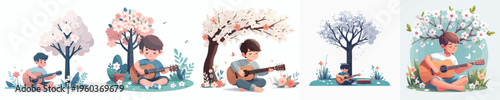 vector little boy sitting playing guitar spring mood