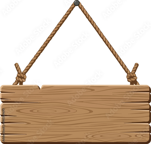 Rustic wooden sign hanging from ropes with a distressed texture, perfect for rustic decor and signage projects