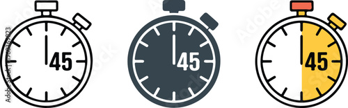 Stopwatch timer vector icon set featuring forty five minute countdown for sports productivity and time management tracking design.
