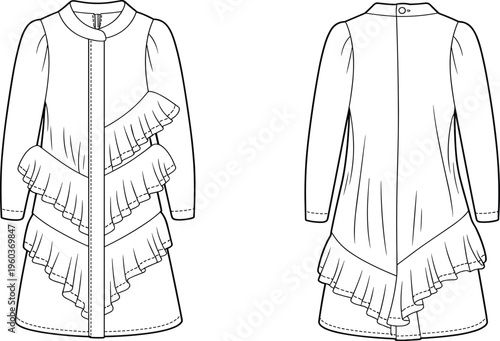 Women Long Sleeve Tiered Ruffle Dress Fashion Flat Sketch, Crew Neck Mini Dress Technical Drawing, CAD Apparel Vector Illustration Template