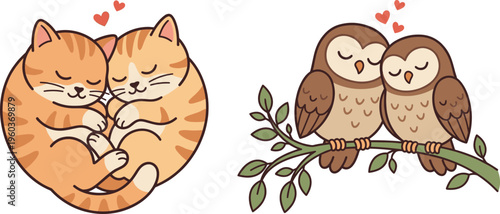 Whimsical Sleeping Pet and Wildlife Vector Illustration Featuring Cuddling Ginger Cats and Peaceful Owls for Self-Care and Relaxation Branding