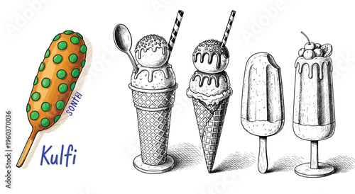 Kulfi ice cream popsicle and vintage style hand drawn dessert cones and shakes vector illustration set isolated on white background