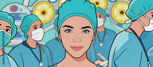 Surgeon and medical team prepare for operation in a busy hospital setting during the day in a modern surgical room