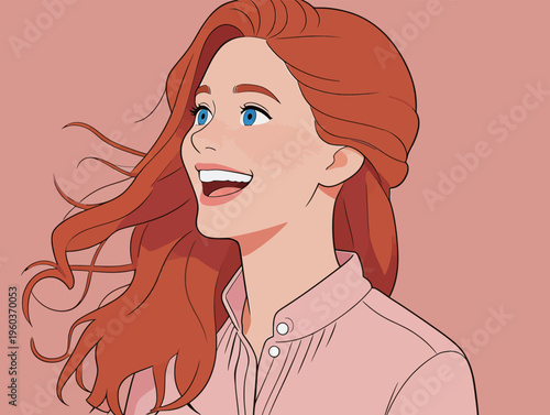 Red haired woman smiles while her hair flows in the wind against a pink background during daytime