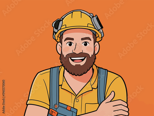 Worker with a hard hat smiles while posing against a bright orange background during daytime in a work-related setting
