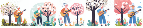 vector grandma standing playing guitar spring mood