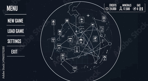 Video Game Menu Interface with Global Network Map.