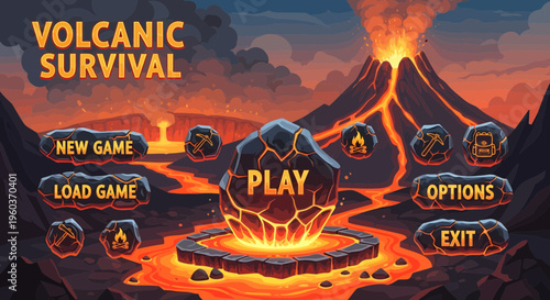 Volcanic Survival Game Interface with Central Play Button.